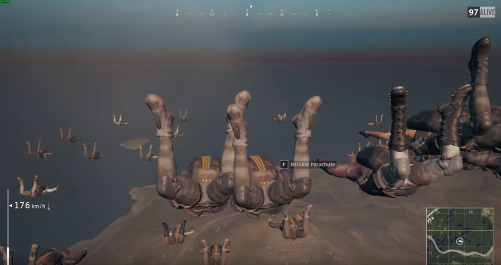 「PUBG」パラシュートで100人が同じ場所に降り立ったらどうなるのか